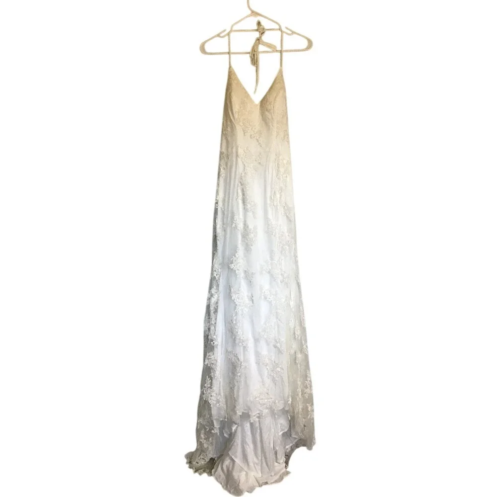 Stacees Women's Ivory Floral Lace Open Back Spaghetti Strap Bridal Dress NWT
